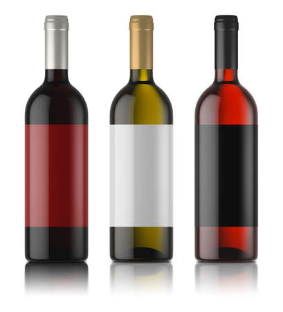 Three mockups of wine bottles with labels. White, rose and red wine. White background. 3d image.の写真素材