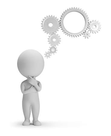 3d small people thinks. Thoughts from gears. 3d image. Isolated white background.の写真素材