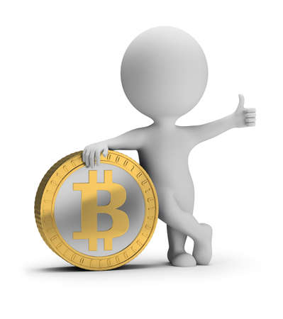 3d small person stands near a bitcoin coin with a thumb up. 3d image. White background.の写真素材