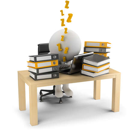 3d small people sleeps in the workplace. 3d image. White background.の写真素材