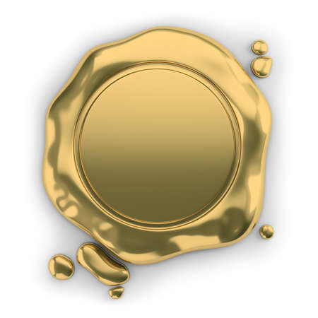 Golden seal wax. 3d image. White background.の写真素材