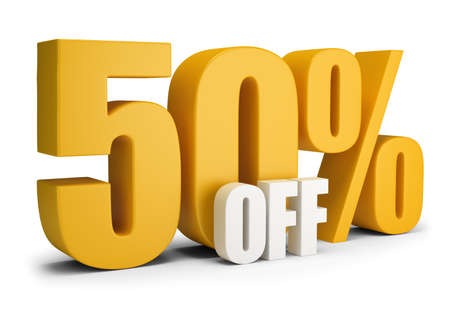 50 percent OFF. 3d image. White background.