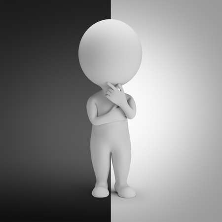 3d small person standing in a pensive pose between the dark and light side. 3d image.の写真素材