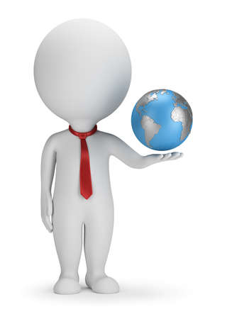 3d small person manager with planet Earth in hand. 3d image. White background.の写真素材