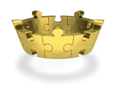 Golden puzzle crown. 3d image. White background.の写真素材