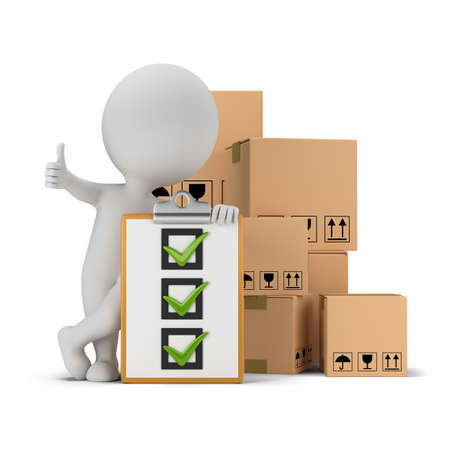 3d small person with a thumb up next to the checklist and cardboard boxes. 3d image. White background.の写真素材