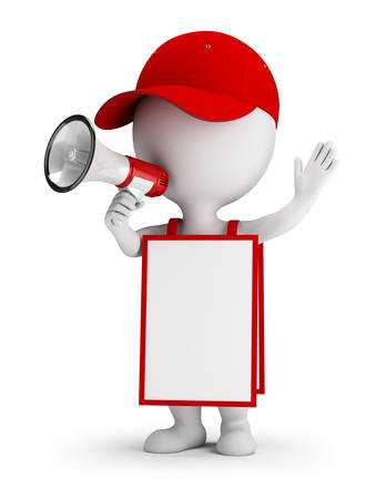 3d small person with megaphone and advertisement. 3d image. White background.の写真素材