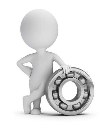 3d small person next to the ball bearing. 3d image. White background.の写真素材