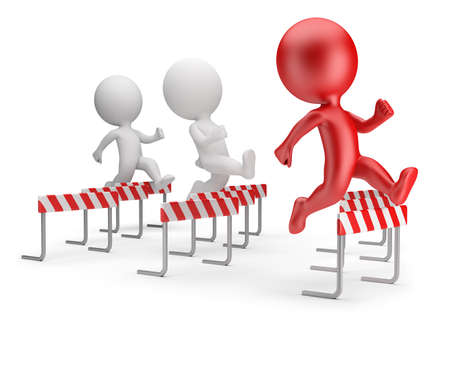 3d small people - running with obstacles. 3d image. White background.の写真素材