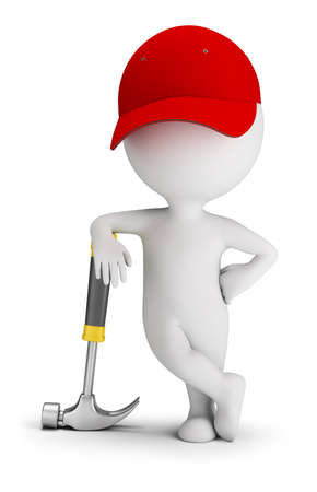 3d small people - repairman leaned on a hammer. 3d image. White background.の写真素材
