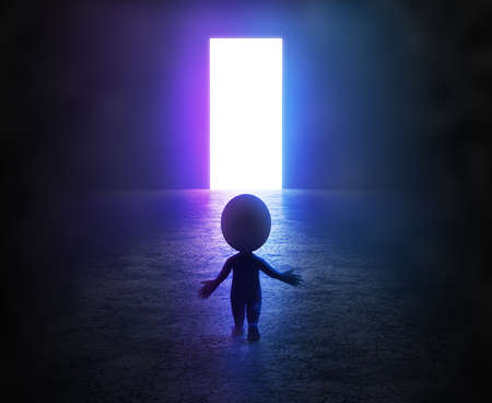 3d small person stands in the fog in front of a glowing light portal. 3d image.の写真素材