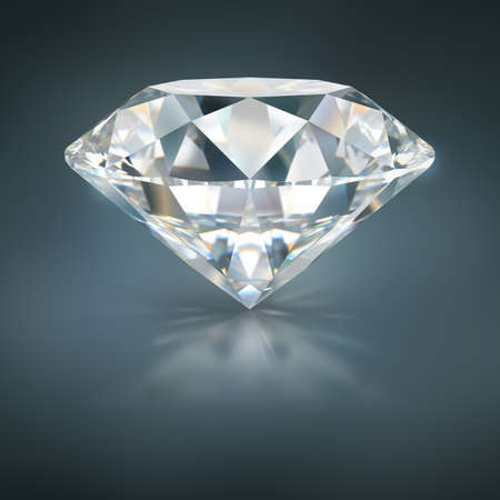A beautiful sparkling diamond on a dark reflective surface. 3d image. Dark blue background.の写真素材