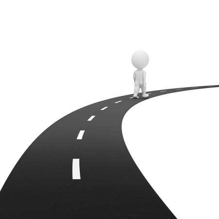 3d small person goes into the distance along the road. 3d image. White background.の写真素材