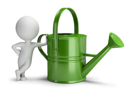 3d small person leaned on a big green watering can. 3d image. White background.の写真素材