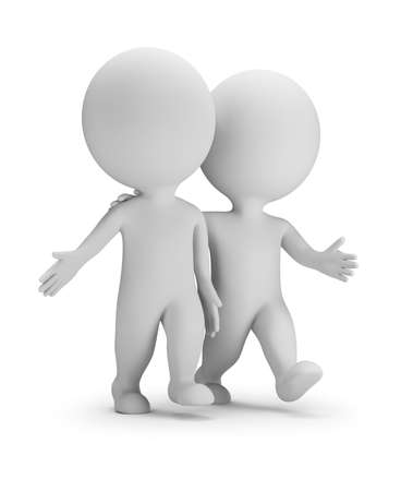 3d small people - two walking friends. 3d image. White background.の写真素材