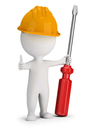 3d small people - repairman with a large screwdriver. 3d image. White background.の写真素材