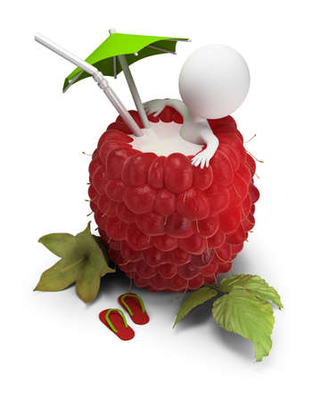 3d small person sitting in a raspberry bath under an umbrella. 3d image. White background.の写真素材