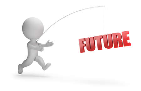 3d small people runs for the inscription future. 3d image. White background.の写真素材