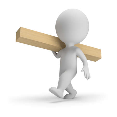 3d small person carries a wooden block. 3d image. White background.の写真素材