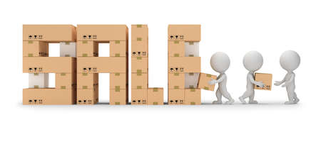 3d small person make out the inscription SALE. Unloading boxes. 3d image. White background.の写真素材