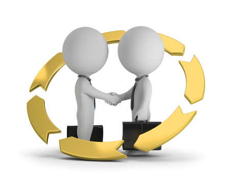 3d small businessmen shake each other hands. Gold arrows around. 3d image. White background.の写真素材