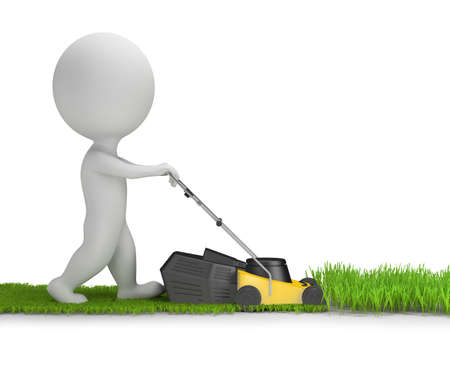 3d small person mows the grass with a lawnmower. 3d image. White background.の写真素材