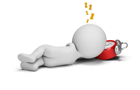 3d small person sleeps on the alarm clock. 3d image. White background.の写真素材