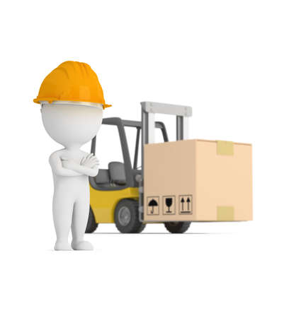 3d small worker on the background of a forklift. Depth of field. 3d image. White background.の写真素材