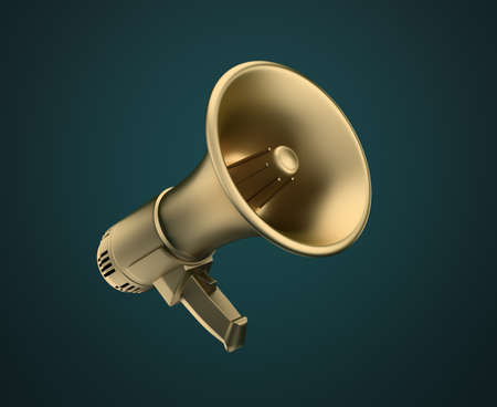 Golden megaphone on a dark background. 3d generated image.の写真素材