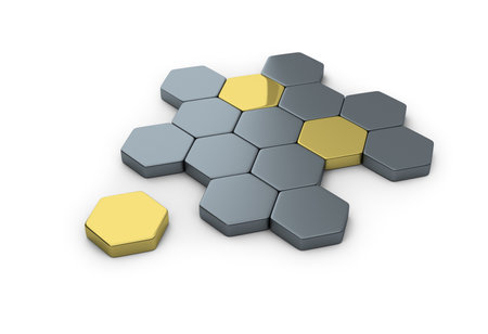 Gray and golden hexagons. 3d generated image. white background.の写真素材