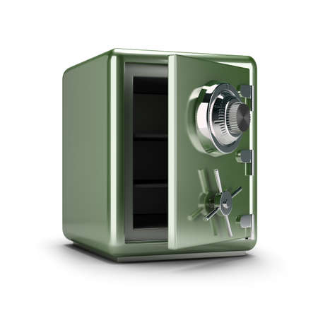 Green open safe. 3d image. white background.の写真素材