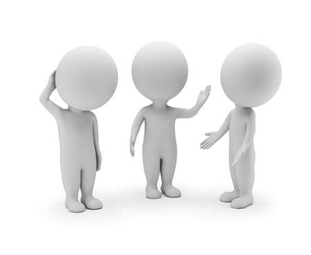 Three little men communicate. 3d image. white background.の写真素材