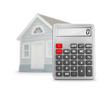 Calculator on the background of the house. Depth of field. 3d image.の写真素材