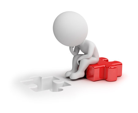 3d small people - thinker sitting on the puzzle. 3d generated image. white background. Render.の写真素材
