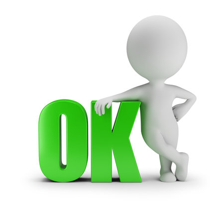 3d small people next to the OK symbol. Render. White background.の写真素材