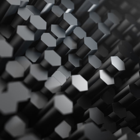 Graphite hexagonal background. 3d generated image. Depth of field.の写真素材