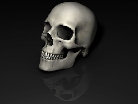 Skull oblique image with reflection on black surface and backgroundの写真素材