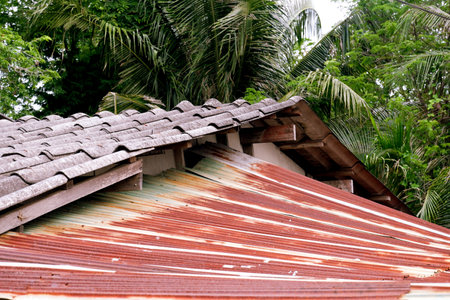 Old roof of a house in the tropics. Selective focus.の写真素材