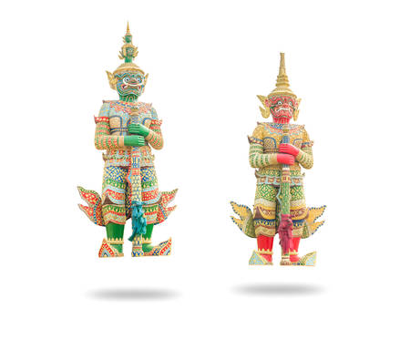 Green and Red Giant Two Guardian in the Temple, Thailand isolated on white backgroundの写真素材