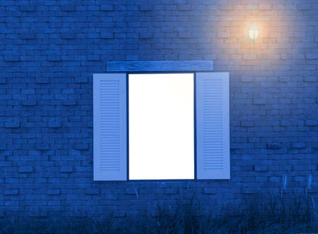 Vintage white wood window on red brick wallの写真素材