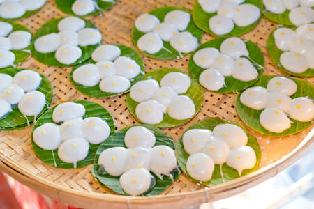 Thai desserts, Thai sweet on green banana leafの写真素材