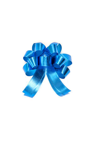 Blue ribbon bow on white backgroundの写真素材