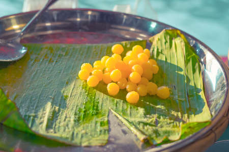 Thai desserts, Thai sweet on green banana leafの写真素材