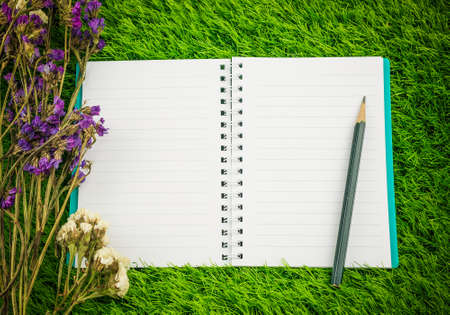 top view of blank notebook  with pencilの写真素材