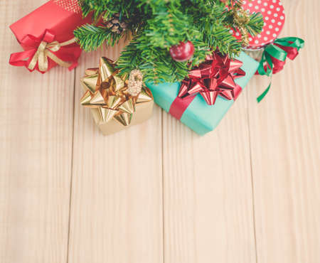 Christmas background with decorations and giftの写真素材