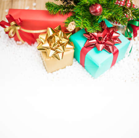 Christmas background with decorations and giftの写真素材