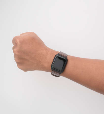 smartwatch on hand black screen on white backgroundの写真素材