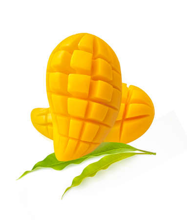 Mango fruit and leaf isolated on white backgroundの写真素材