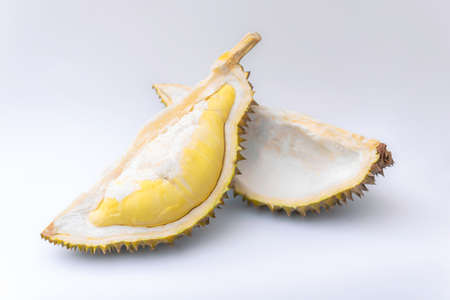 Ripe durian fruit on white background