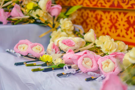 Thai Funeral Flower (artificial flower used for cremation)on coffin at funeral,の写真素材